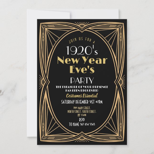 Invitation 1920s New Year Party Art Deco Black Gold (Devant)