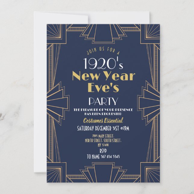 Invitation 1920s New Year Party Art Deco Navy Gold (Devant)