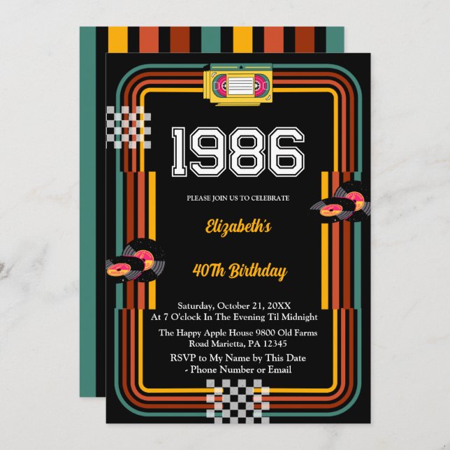 Invitation 1986 Retro Cassette Disco 40th Birthday (Devant / Derrière)