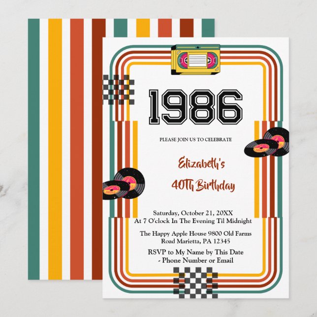 Invitation 1986 Retro Vintage Cassette Disco 40th Birthday (Devant / Derrière)