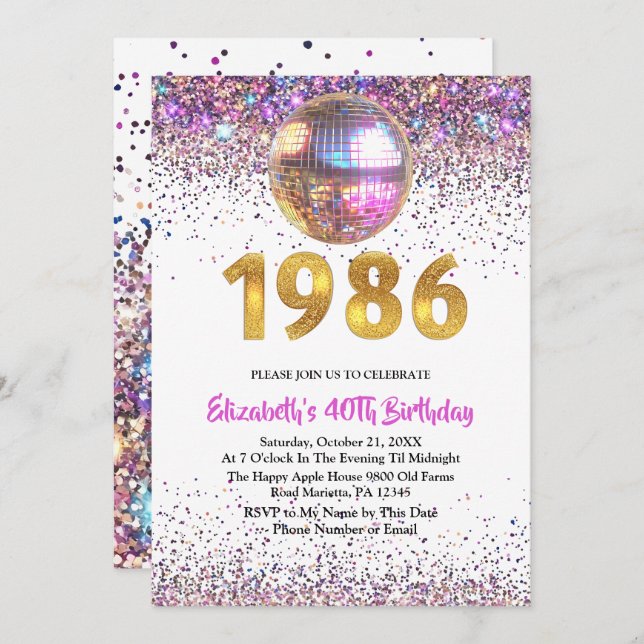 Invitation 1986 Trendy Glitter Disco 40th Birthday (Devant / Derrière)