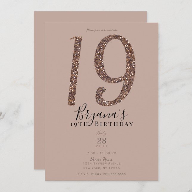 Invitation 19e 19 Anniversaire Rose rose Blush Parties scinti (Devant / Derrière)