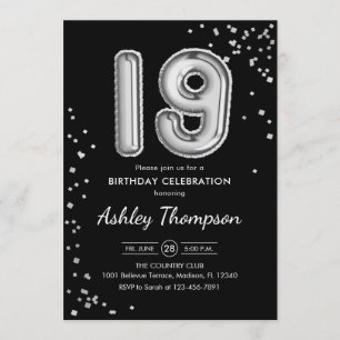 Invitation 19e anniversaire - Ballons d'argent Noir