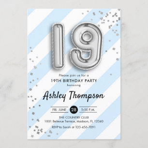 Invitation 19e anniversaire - Bleus et Ballons d'argent