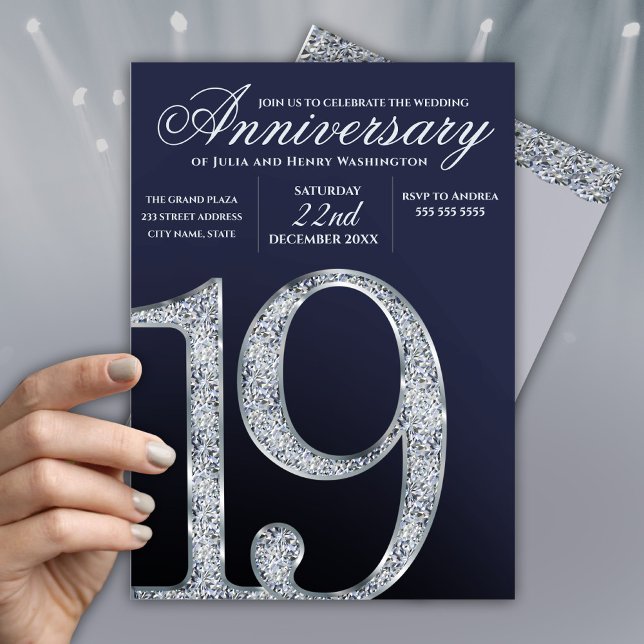 Invitation 19e Anniversaire Diamant Argent Bleu Foncé Ans (Créateur téléchargé)