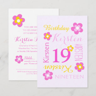 Invitation 19e anniversaire fleur graphique jaune rose surpri