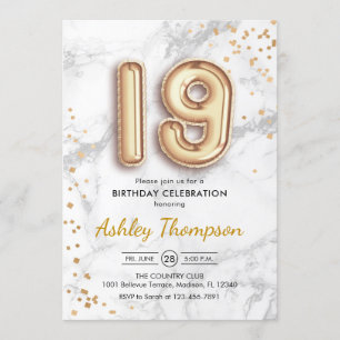 Invitation 19e anniversaire - Gold Balloons effet marbre