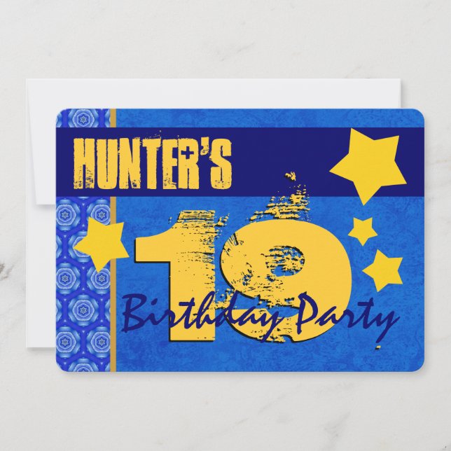 Invitation 19e anniversaire Moderne pour lui Bleu et Or W13B (Devant)
