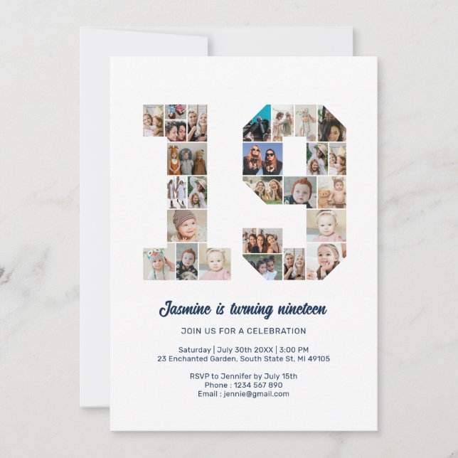 Invitation 19e anniversaire Numéro 19 Photo personnalisée Col (Devant)