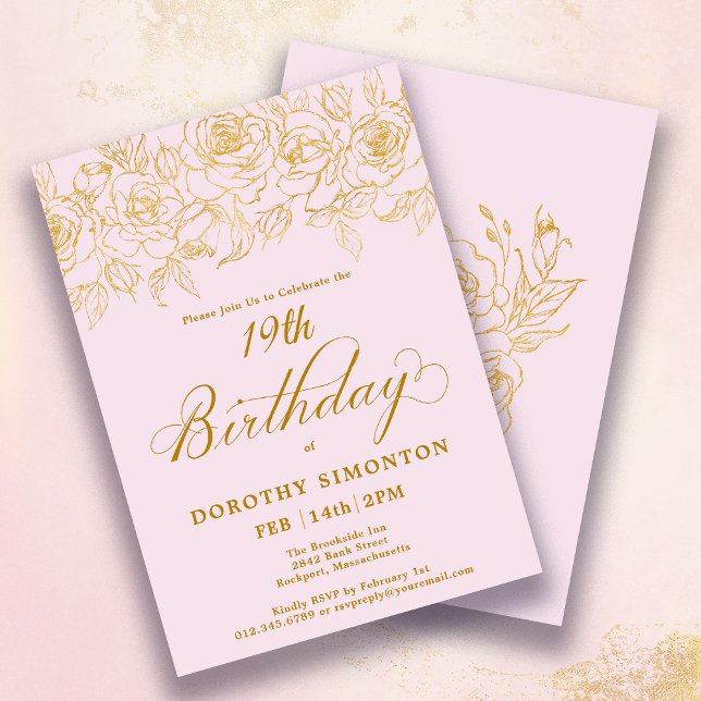 Invitation 19e anniversaire Rose d'or Floral Blush rose (Créateur téléchargé)