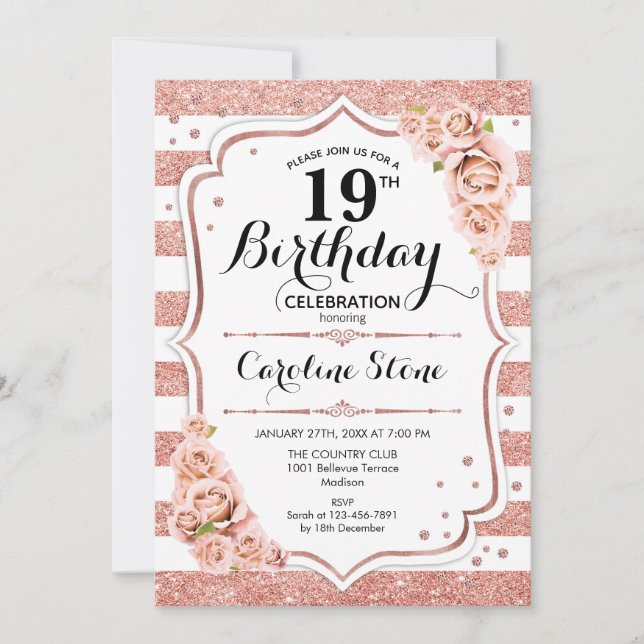 Invitation 19e anniversaire - Rose Gold White Stripes (Devant)