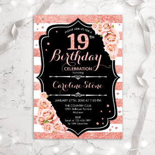 Invitation 19e anniversaire Rose noir Or et blanc rayures