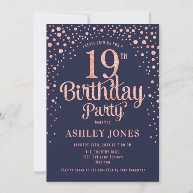 Invitation 19e fête d'anniversaire - Marine & Rose Gold (Devant)