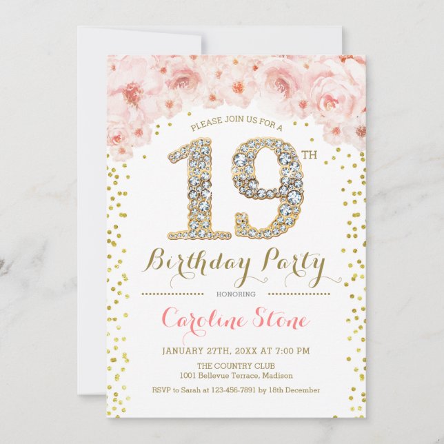 Invitation 19e fête d'anniversaire - Rose or blanc (Devant)