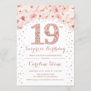 Invitation 19e fête d'anniversaire surprise - Rose blanche or