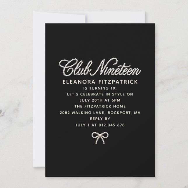 Invitation 19th Birthday Black White Pearl Script Bow (Devant)