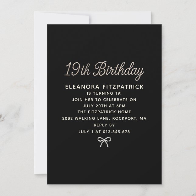 Invitation 19th Birthday Party Black White Pearl Script Bow (Devant)