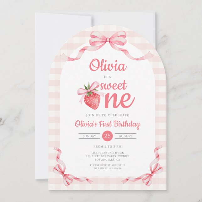 Invitation 1 Douce Fille aux Fraises 1er Anniversaire (Devant)