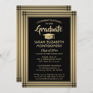 Invitation 1 Photo Black and Gold Faux Foil Graduation modern