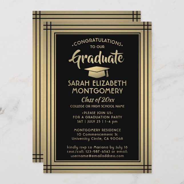 Invitation 1 Photo Black and Gold Faux Foil Graduation modern (Devant / Derrière)