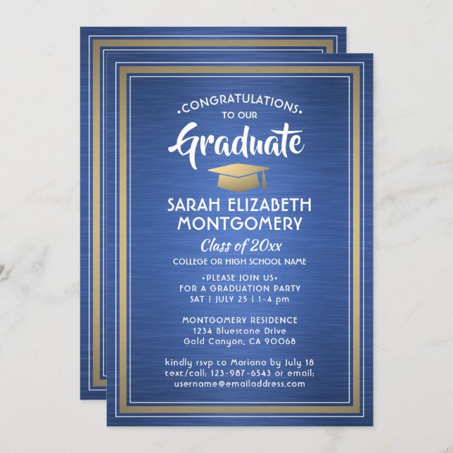 Invitation 1 Photo Brossé Royal Blue et Gold Graduation (Devant / Derrière)