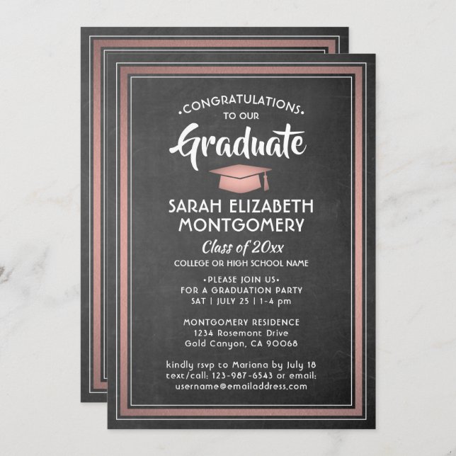 Invitation 1 Photo Elegant Black Chalkboard & Pink Graduation (Devant / Derrière)