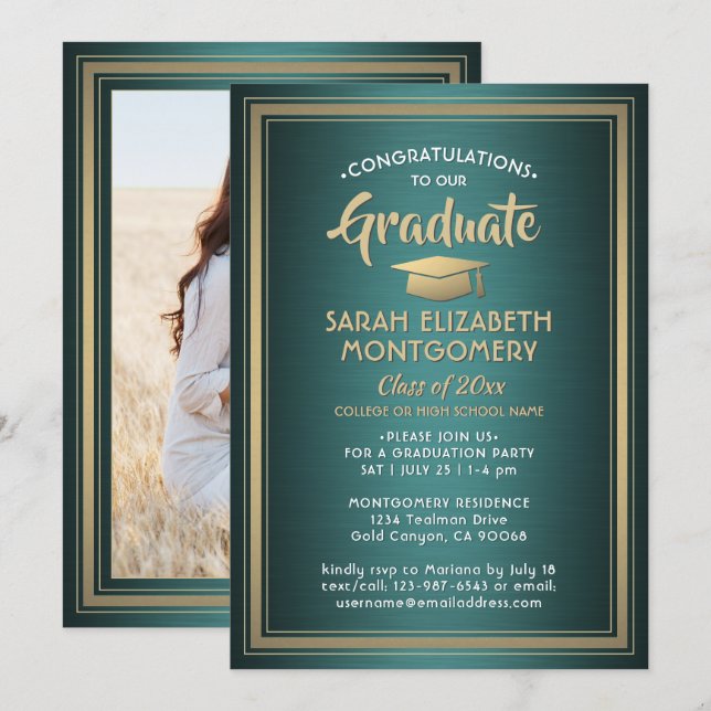 Invitation 1 Photo Elegant Green Gold et White Graduation (Devant / Derrière)