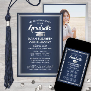 Invitation 1 Photo Elegant Marine Bleu Blanc Argent Graduatio