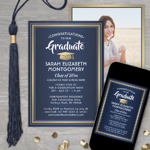 Invitation 1 Photo Elegant Marine Blue Gold & White Graduatio