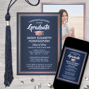 Invitation 1 Photo Elegant Navy Bleu et Rose Graduation