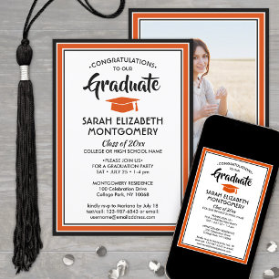 Invitation 1 Photo Elegant Orange noir et blanc Graduation