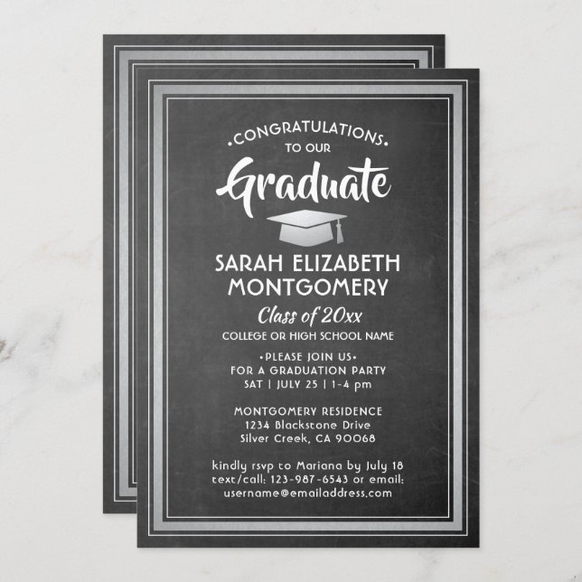 Invitation 1 Photo Félicitations Chalkboard Grey Graduation (Devant / Derrière)