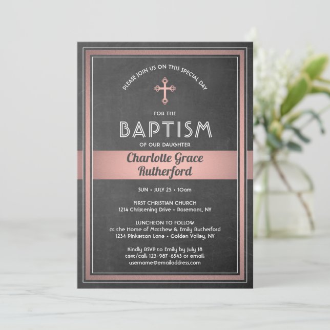 Invitation 1 Photo Girl Baptism Chalkboard et Rose Rose Gold (Debout devant)
