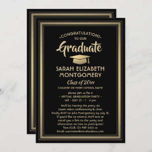 Invitation 1 Photo Virtual Graduation Party Black and Gold