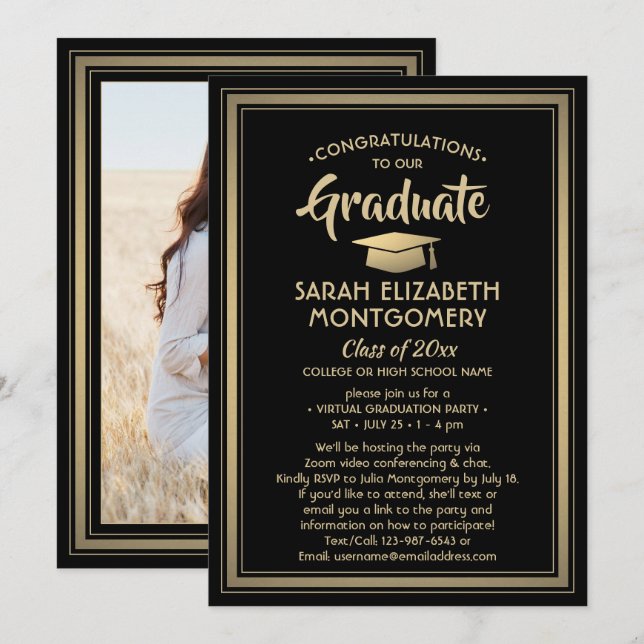 Invitation 1 Photo Virtual Graduation Party Black and Gold (Devant / Derrière)
