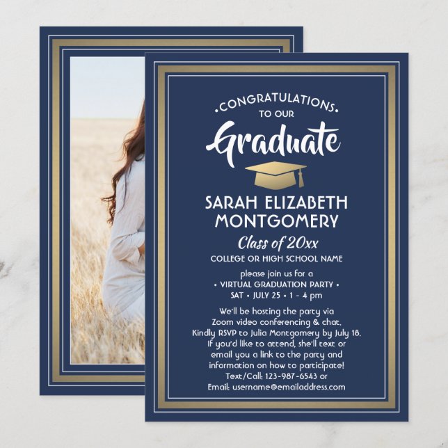 Invitation 1 Photo Virtual Graduation Party Navy Blue & Gold (Devant / Derrière)