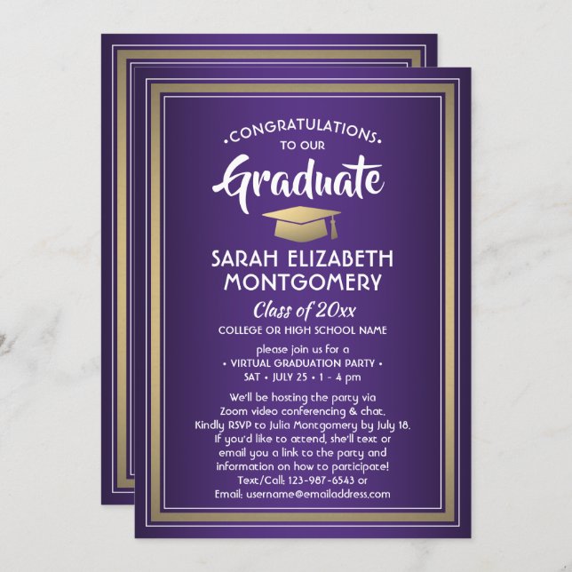 Invitation 1 Photo Virtual Graduation Party Purple Gold White (Devant / Derrière)