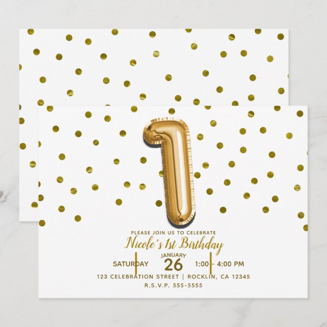 Invitation 1 Un ballon d'or et Confetti 1er anniversaire fête (Devant / Derrière)