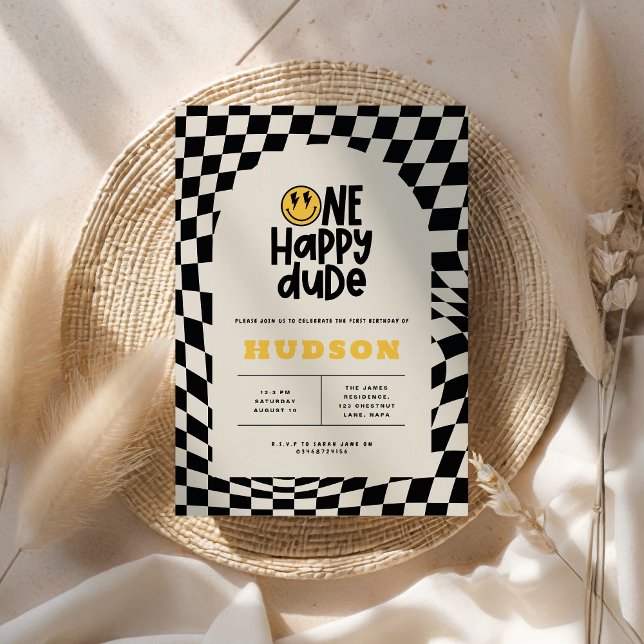 Invitation 1anniversaire sourire visage rétro noir blanc supe (Créateur téléchargé)