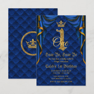 Invitation 1er 1 UN Anniversaire Couronne Royale Bleu Or  