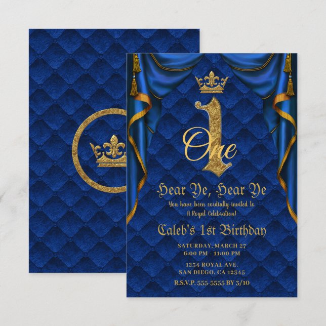 Invitation 1er 1 UN Anniversaire Couronne Royale Bleue et Or  (Devant / Derrière)