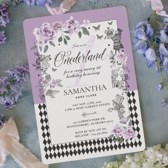 Invitation 1er anniversaire à Onederland Chic Floral Fairytal (1st Birthday in Onederland Chic Floral Fairytale Invitation)