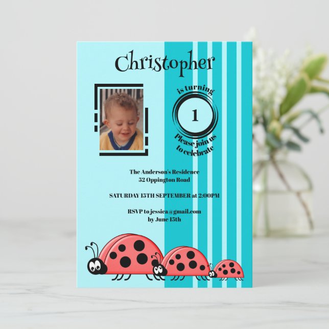 Invitation 1er anniversaire ajouter photo ladybugs rouge bleu (Debout devant)