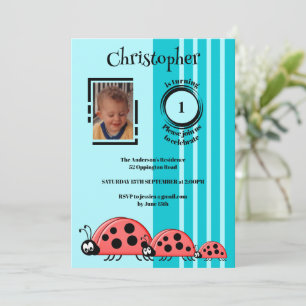 Invitation 1er anniversaire ajouter photo ladybugs rouge bleu