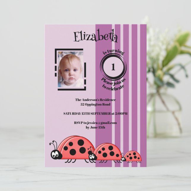 Invitation 1er anniversaire ajouter photo ladybugs rouge viol (Debout devant)
