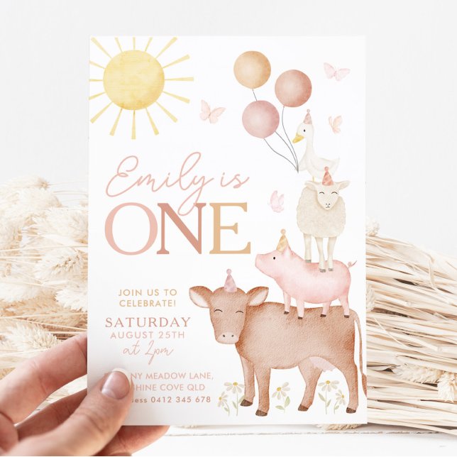 Invitation 1er Anniversaire Animaux de ferme Barnyard Filles  (Créateur téléchargé)