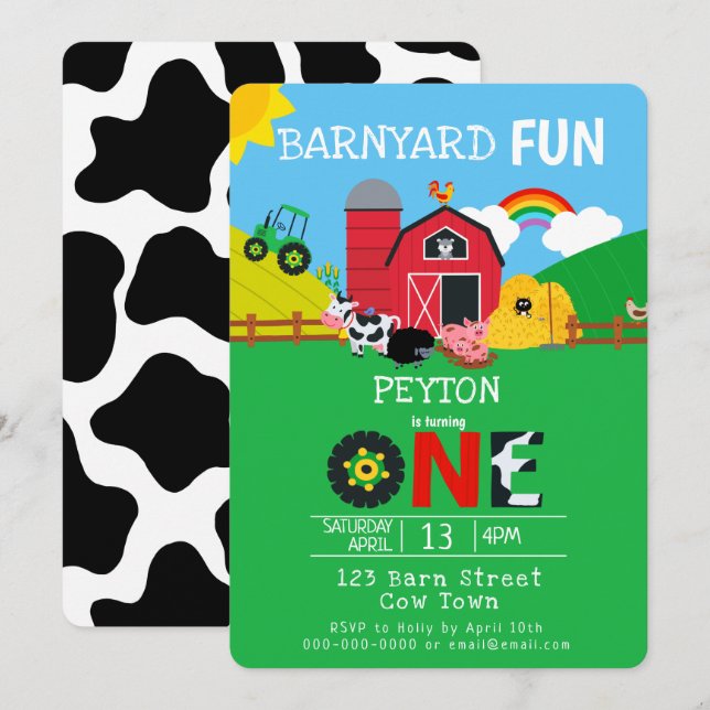 Invitation 1er Anniversaire Animaux de ferme Barnyard Fun Kid (Devant / Derrière)