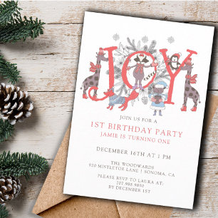 Invitation 1er anniversaire Animaux de la fête d'hiver pour e