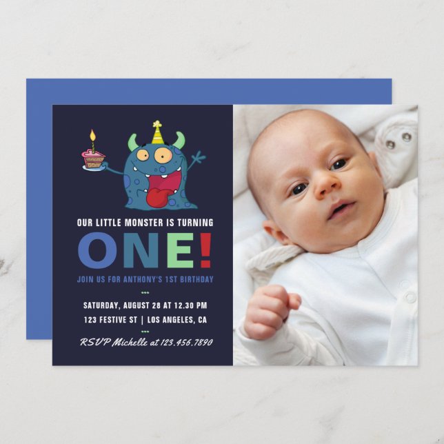 Invitation 1er anniversaire Baby Boy Little Monster Invitatio (Devant / Derrière)