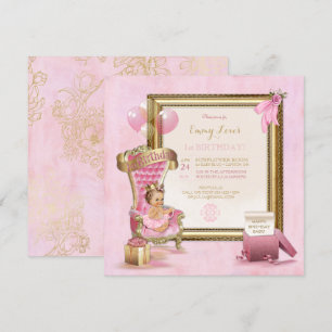 Invitation 1er anniversaire Baby Girl Princess Throne Or rose